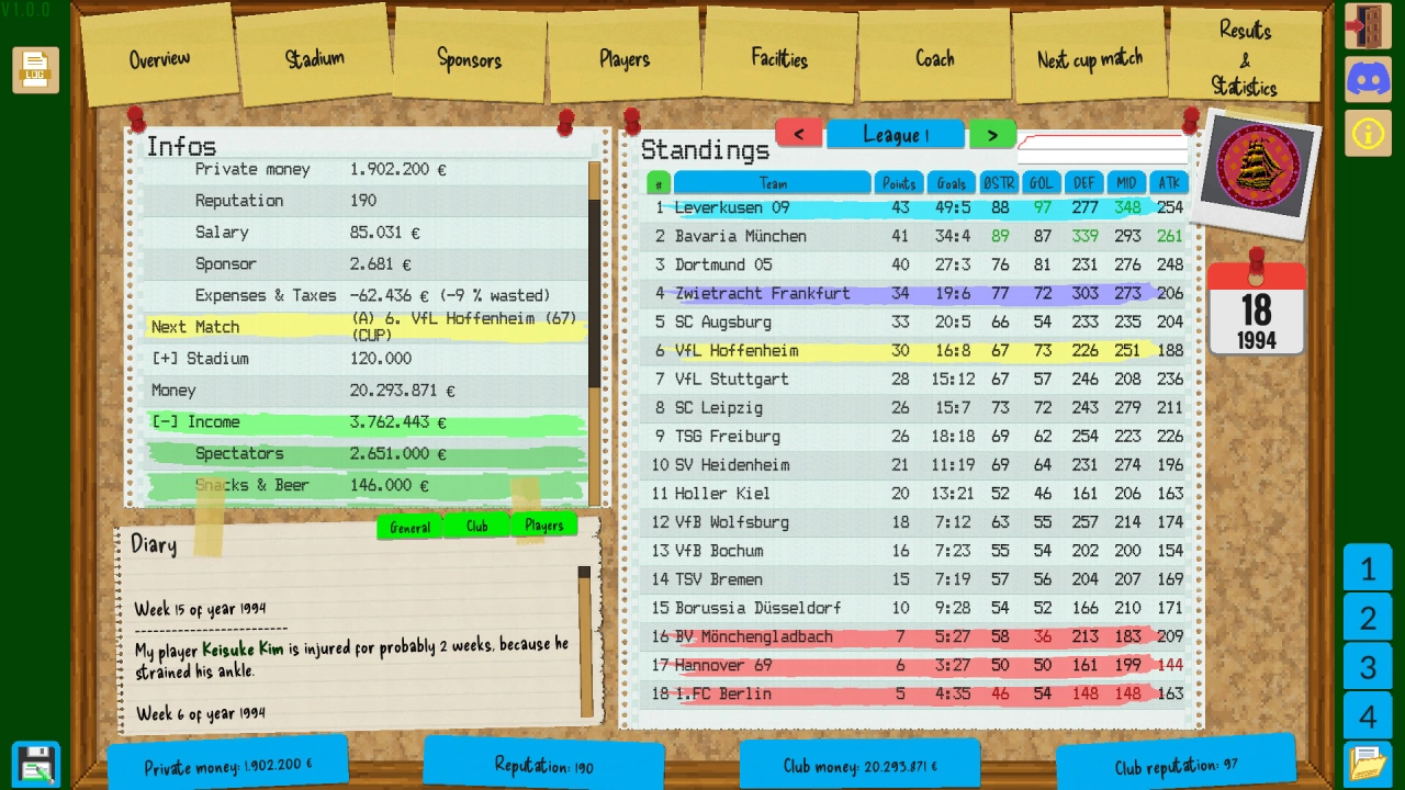 Screenshot of the game Boeckhams Football Manager